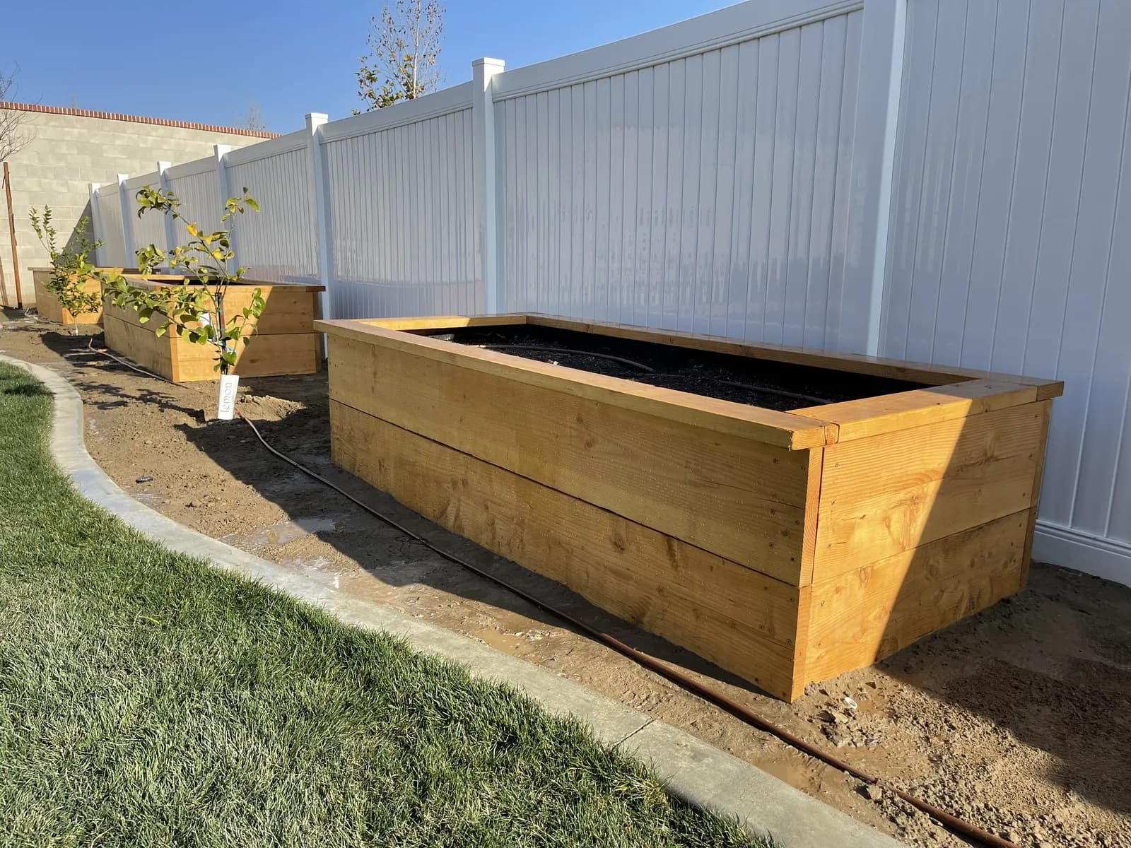 Raised cedar planter boxes along a white fence, the irrigation lines still on the ground
