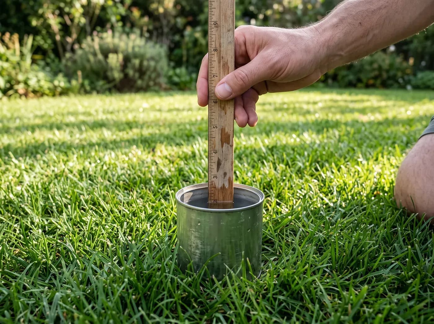 Ruler measuring the water in a can on a lawn